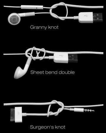 knots tied in headphone wires with labels