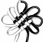mystic knot tied in a black, white and grey shoelaces